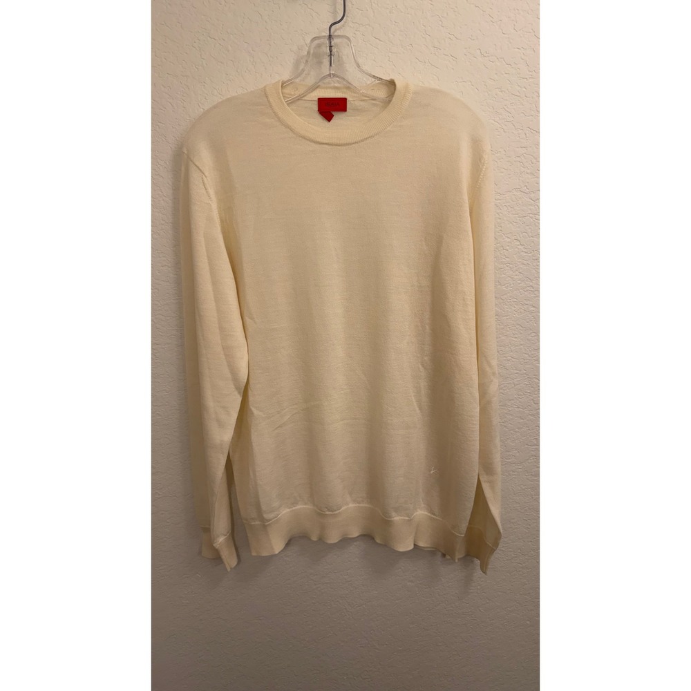 Isaia Napoli Mens Cream 100% Wool Crewneck Sweater Coral Logo Italy XL